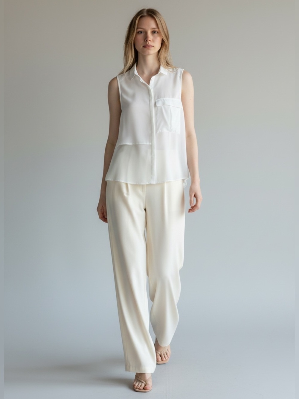 RW&CO White Sheer Sleeveless Blouse Button Front Shell Utility Shirt Size XS